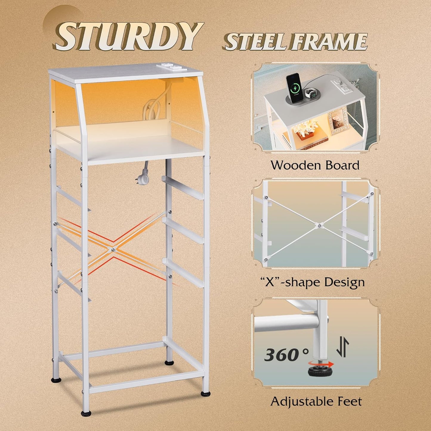 4 37.48" WLIVE Night Stand with Charger Station, White Nightstand with LED Light and Storage Drawers, Tall Dresser