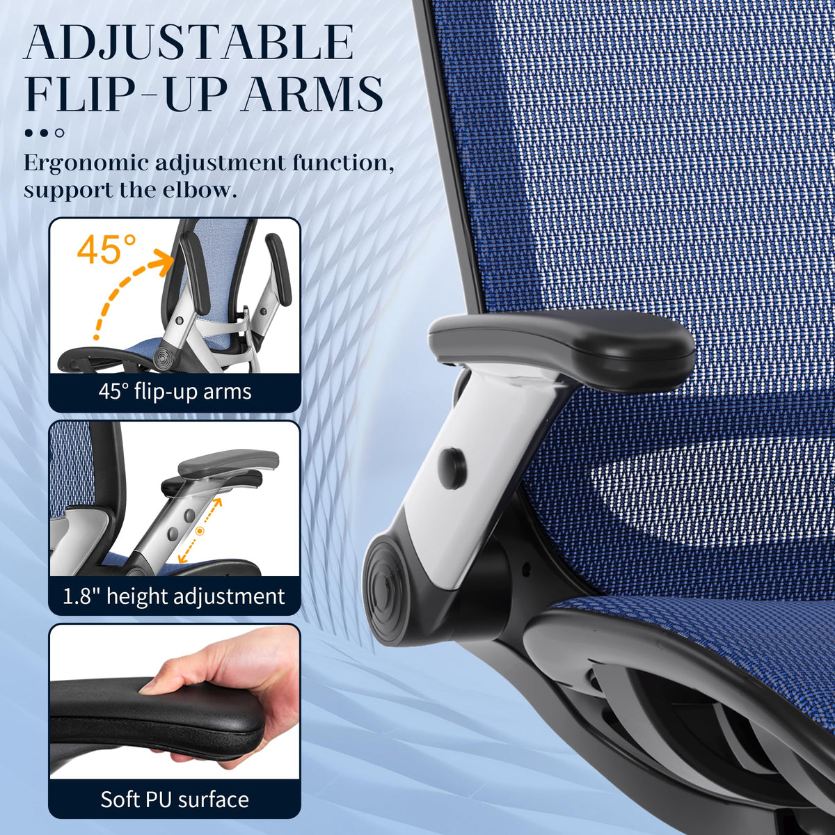 GABRYLLY Ergonomic Office Chair, High Back Mesh Desk Chair with Adjustable Headrest, Flip-Up Arms, 90-120° Tilt Lock, Lumbar Support and Comfy Seat, Swivel Computer Task Chair, Blue