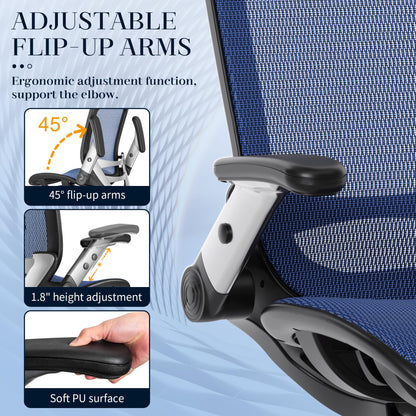 GABRYLLY Ergonomic Office Chair, High Back Mesh Desk Chair with Adjustable Headrest, Flip-Up Arms, 90-120° Tilt Lock, Lumbar Support and Comfy Seat, Swivel Computer Task Chair, Blue