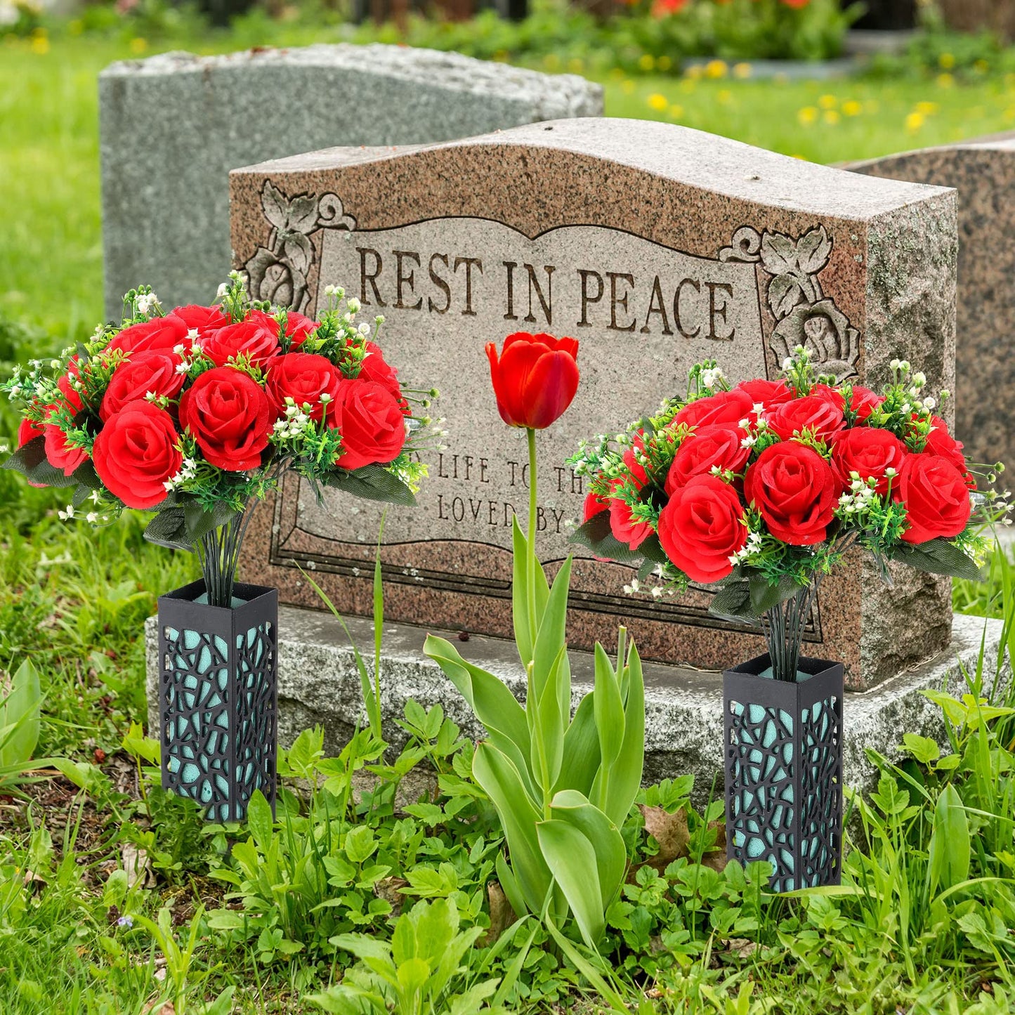 Yahenda 2 Sets Artificial Cemetery Flowers 36 Heads Rose with 2 Grave Markers Flower Holder Vase with Drainage Hole Long Spikes and 2 Floral Foam Blocks for Outdoor Memorials (Red)