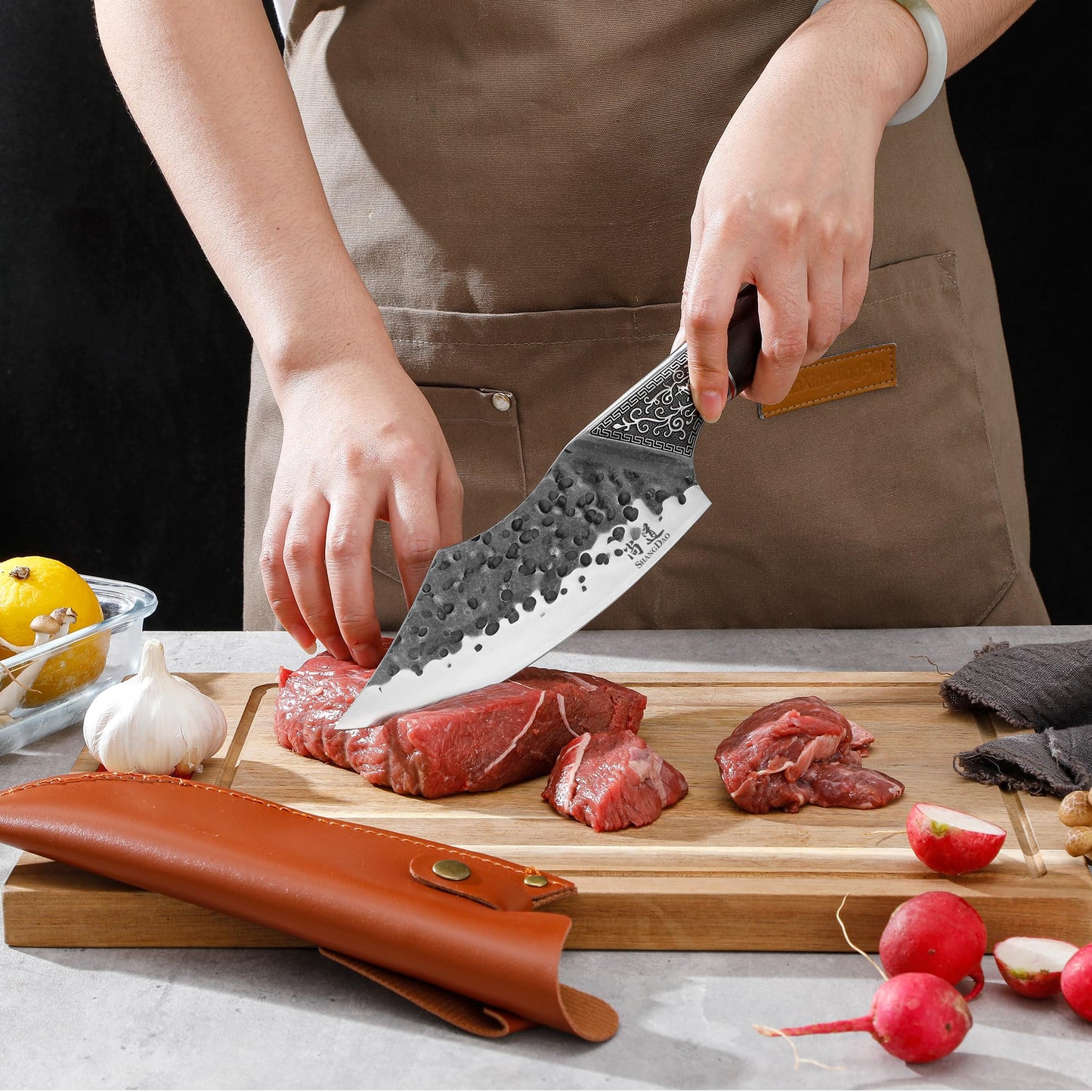 SHANGDAO 7" Chef Knife - Butcher Knife for Meat, Japanese High Carbon Meat Cleaver Knife, Hand Forged Meat Cutting Knife, Ultra Sharp Kitchen Knife for Home, Camping BBQ Cooking Knife