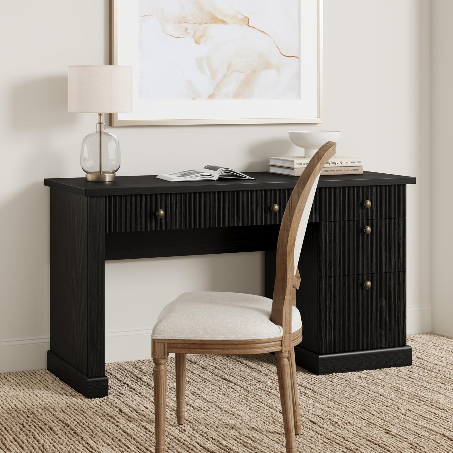 GAOMON 54'' Fluted Home Office Desk with Storage, Modern Executive Desk with Charging Station, Wooden Computer Desk with Drawers for Storage File, Writing Desk for Bedroom (Rustic Black)