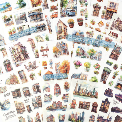 Dizdkizd Landscape and City Themed Scrapbook Journaling Stickers, 150 Die-Cut PET and Washi Paper Sticker Book for Junk Journaling, Collage, Craft Projects