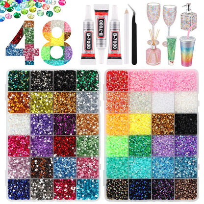 Kalolary 48000Pcs 48 Colors Resin Jelly Rhinestones Kit for Bedazzling,3MM Resin Flatback Gems Bedazzling Kit with B7000 Glue &Tools Bedazzler Kit with Rhinestones for Shoes Book Nail Art DIY Crafting
