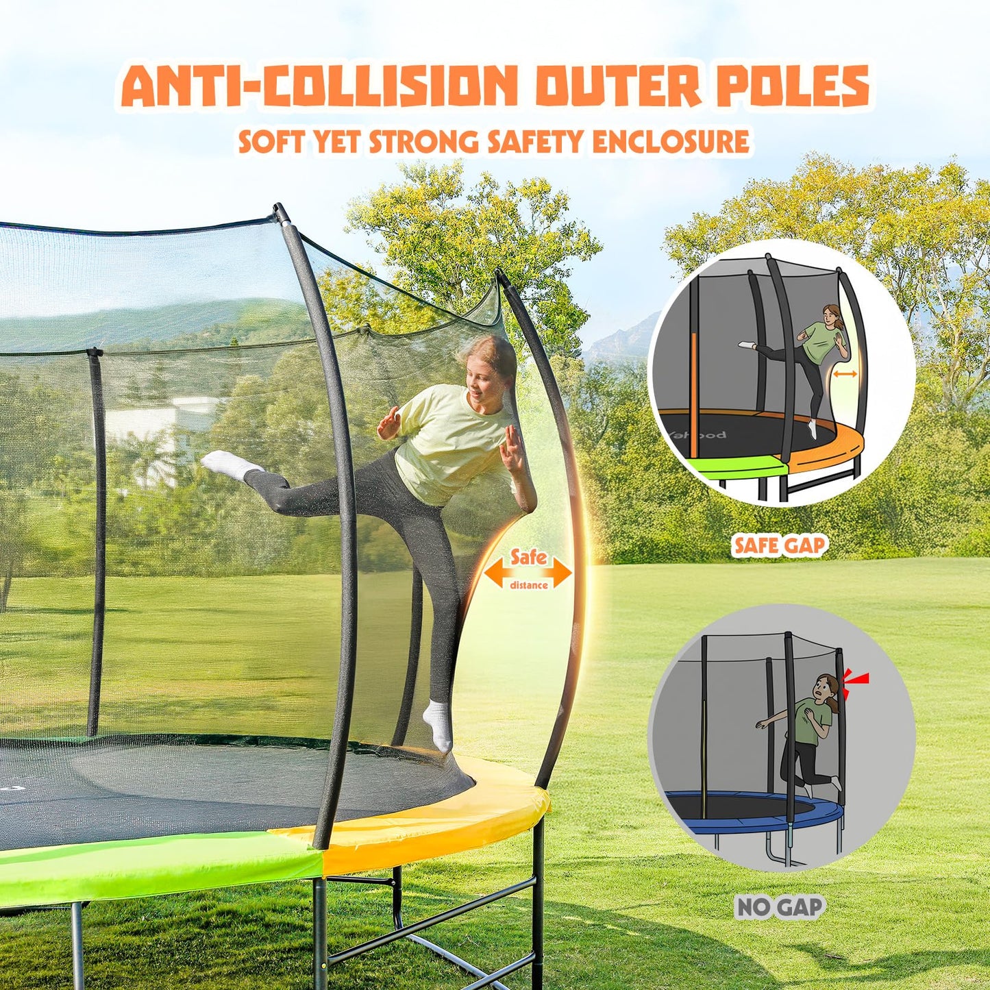 Yohood Trampoline Outdoor 12FT 14FT, Recreational Trampolines with Enclosure Net and Ladder, ASTM Approved for Kids and Adults, with Additional 8 Stabilizer Bars and Anti-Rust Coated Galvanized Frame