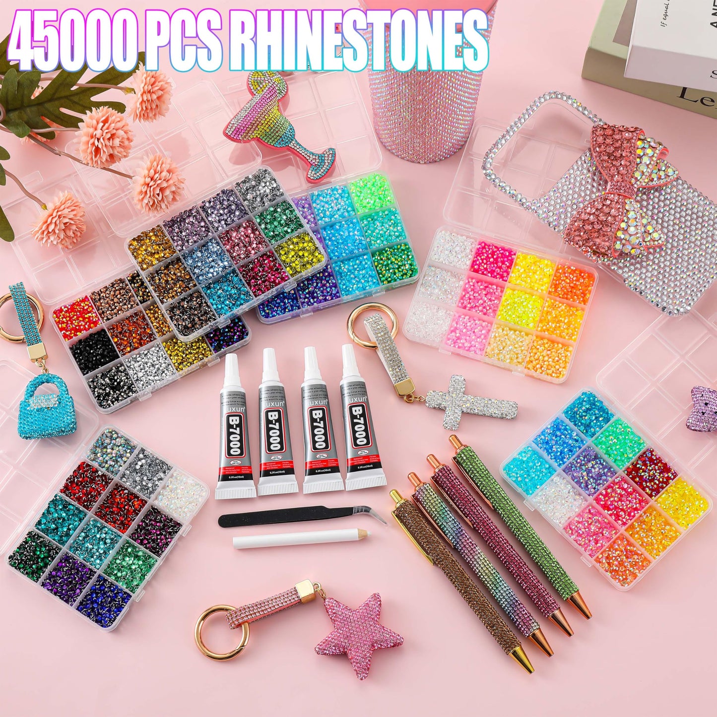 LERBOU 45000pcs Bedazzling Kit with 6 Box - 72 Colors Resin Jelly Rhinestones, 4×10ml B7000 Jewelry Glue Multicolor 3mm Flatback Sparkling Gems for Nail Art, Crafts, Clothing, Diamond Painting