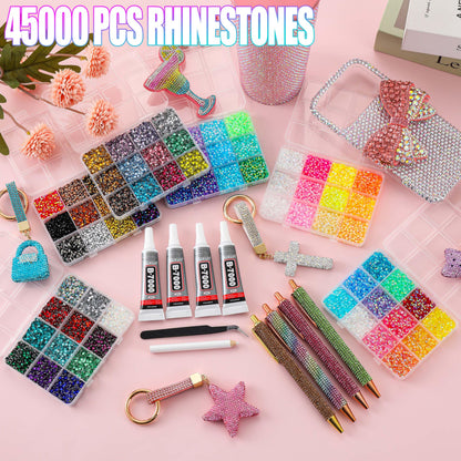 LERBOU 45000pcs Bedazzling Kit with 6 Box - 72 Colors Resin Jelly Rhinestones, 4×10ml B7000 Jewelry Glue Multicolor 3mm Flatback Sparkling Gems for Nail Art, Crafts, Clothing, Diamond Painting