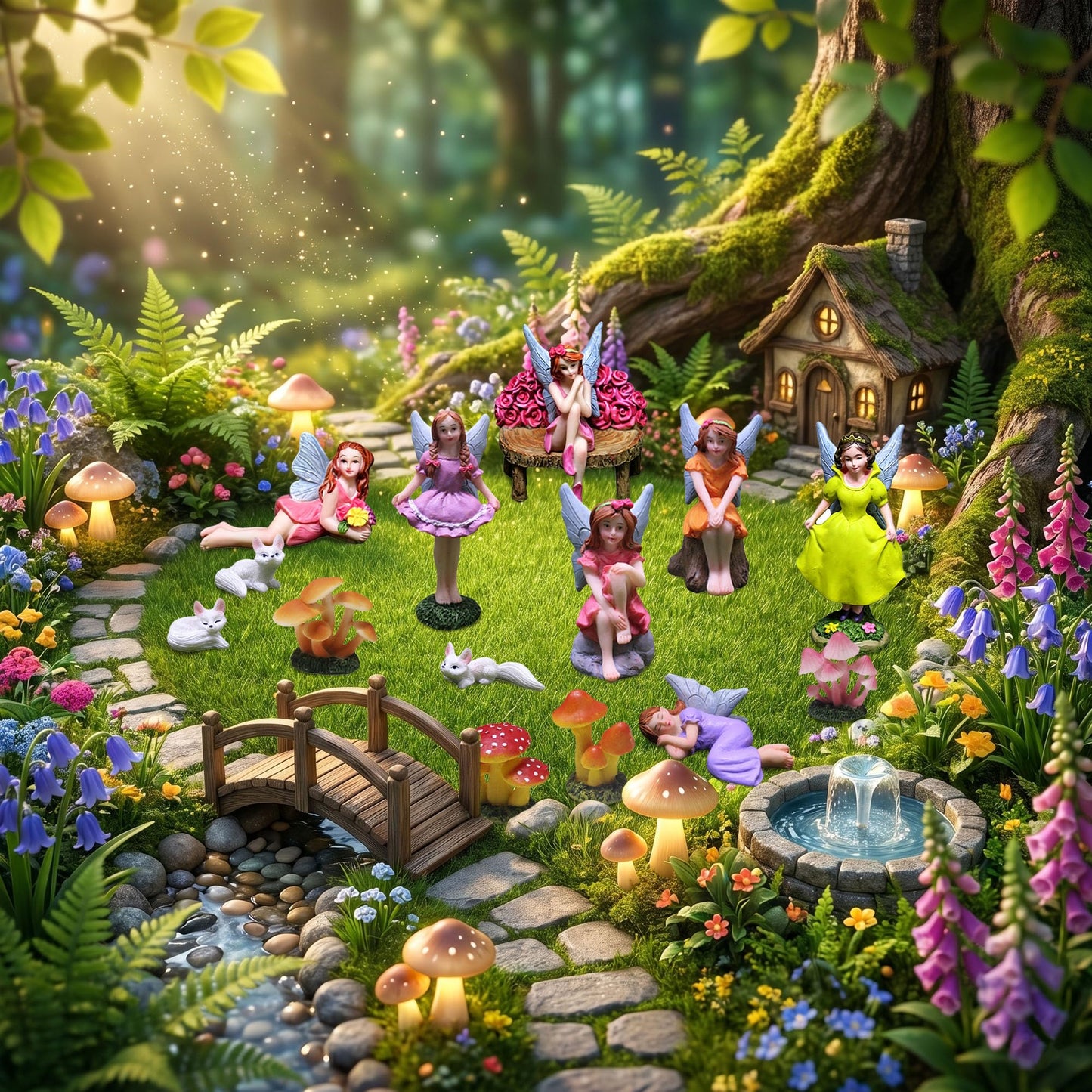 Miniature Fairy Garden Accessories Set - 5 Resin Fairies (Sleeping, Sitting on Stone/Stump/Bench) with 3 White Fox Statues & 2 Spotted Mushrooms - Whimsical Forest Decor for Terrarium, Patio & Gifts