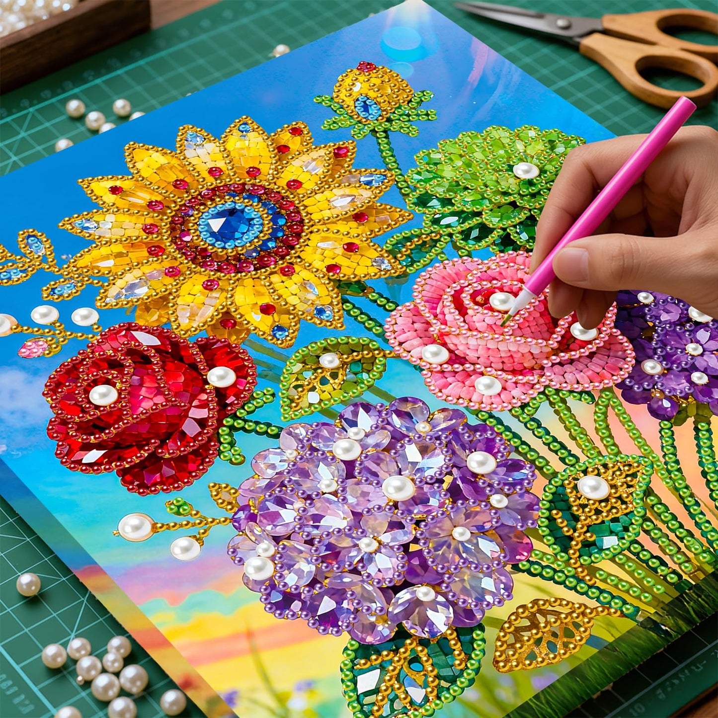 Huacan DIY 3D Pearl Painting Kit - Floral Pearl Art Craft Kit Pearl Painting with Frame for Home Wall Decor 9.8 * 9.8 Inch for Adults and Beginners