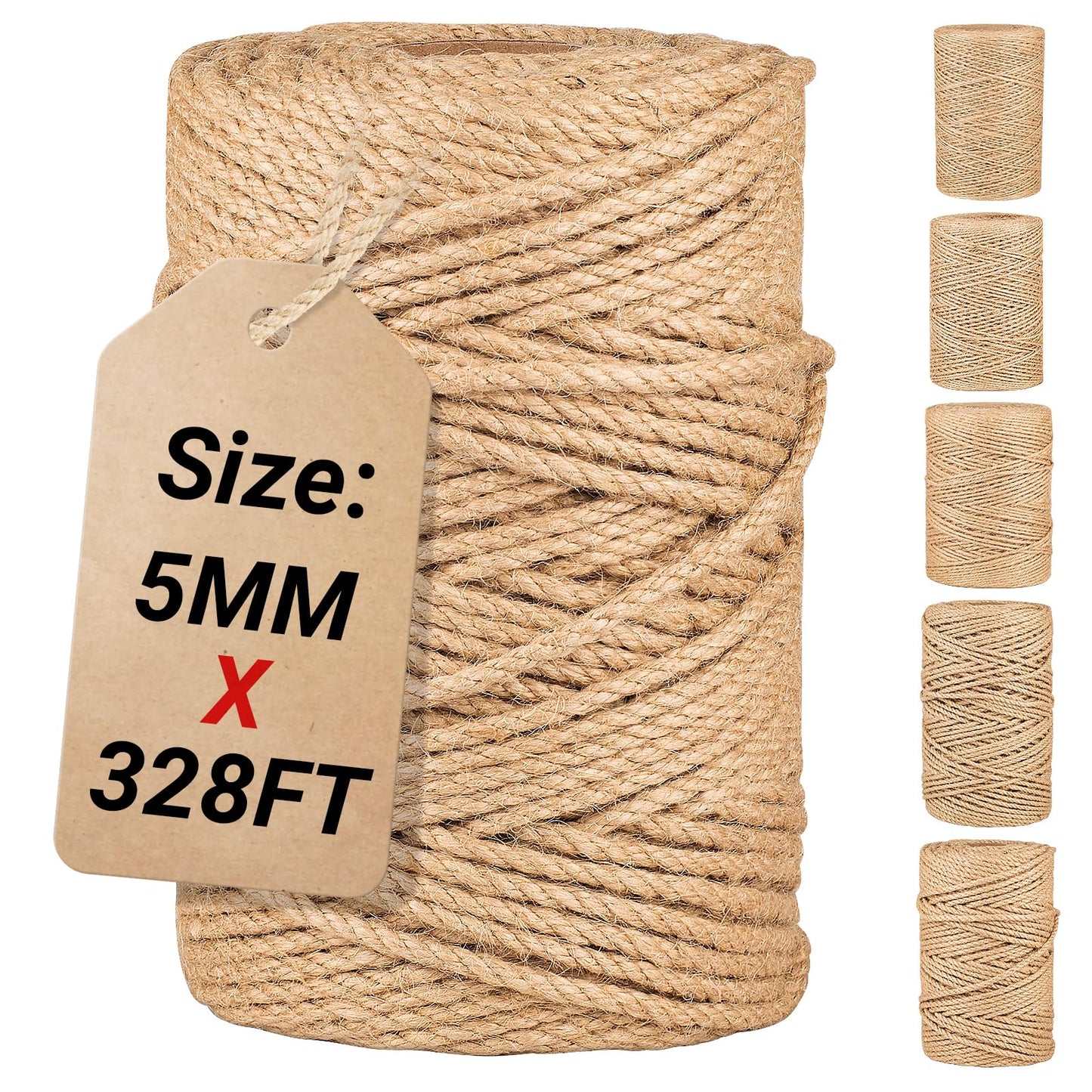 Natural Jute Twine String 5mm x 328ft Bulk Jute Rope for Crafting, Gardening, Gift Wrapping - Brown Decorative Cord for Cat Scratching Posts, DIY Projects