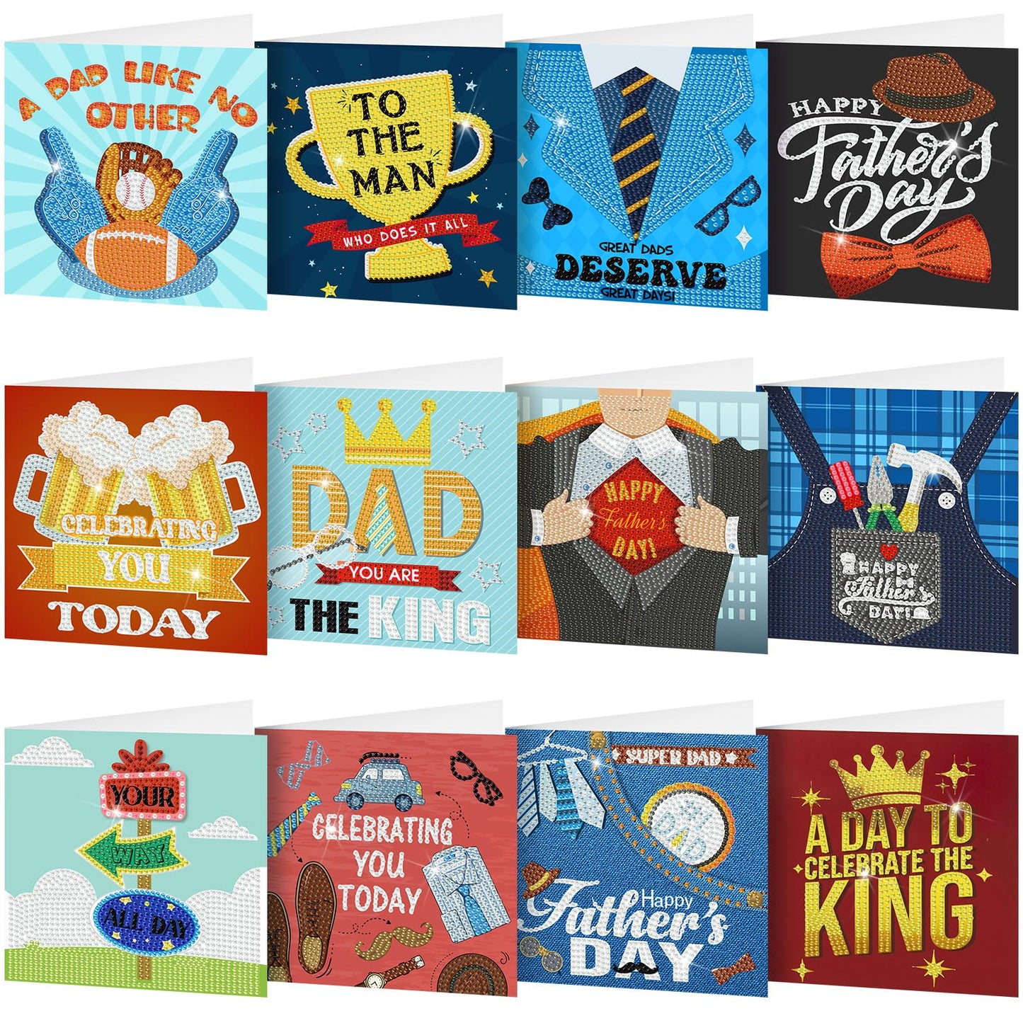 Saillong 12 Pack Father's Day Diamond Painting Greeting Cards Kits Dad Diamond Art Cards with Envelopes Best Dad 5D Rhinestones Painting Making Kits for Adults Father's Day DIY Craft Gifts