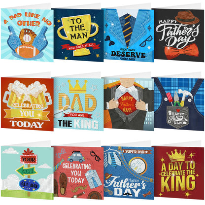 Saillong 12 Pack Father's Day Diamond Painting Greeting Cards Kits Dad Diamond Art Cards with Envelopes Best Dad 5D Rhinestones Painting Making Kits for Adults Father's Day DIY Craft Gifts