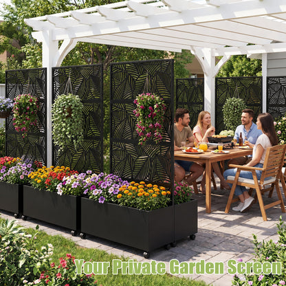Veemuaro Metal Planter Box with Trellis, 70" H × 46" L Freestanding Outdoor Raised Garden Bed with Privacy Screen, Wheels and Drainage Holes, Leaf Privacy Screen Planter Box for Garden, 2PCS