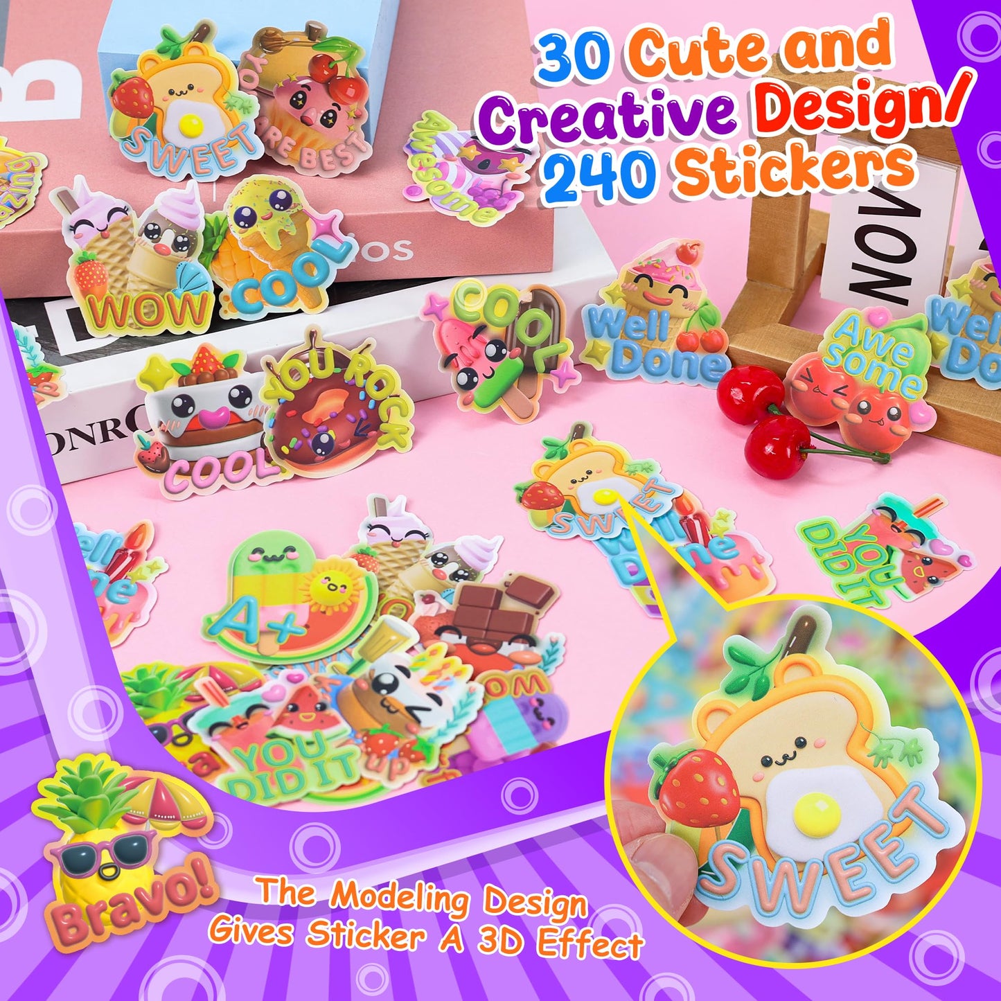 HORIECHALY 240 Pcs 3D Food Scratch and Sniff Stickers, Motivational Reward Scented Stickers for Kids & Teachers, Smelly Sticker for Classroom, Birthday, Student Party, School