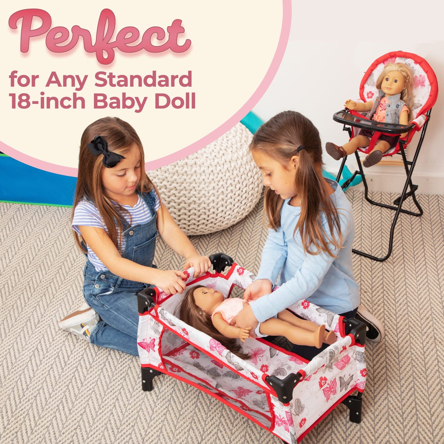 18-Inch Baby Doll Nursery Playset by Litti - Doll Accessories Set with Swing, Crib, High Chair, and Carrier - Realistic Toy Furniture for Imaginative Play - Gift for Kids Ages 3 Up