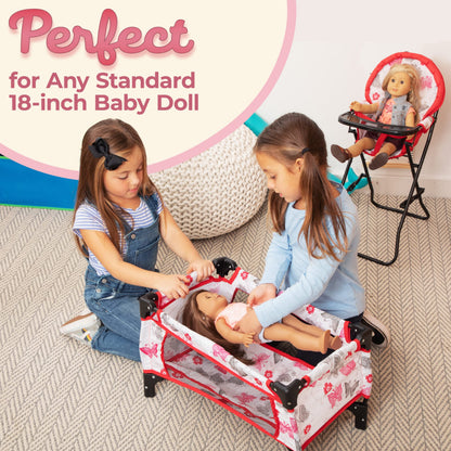 18-Inch Baby Doll Nursery Playset by Litti - Doll Accessories Set with Swing, Crib, High Chair, and Carrier - Realistic Toy Furniture for Imaginative Play - Gift for Kids Ages 3 Up