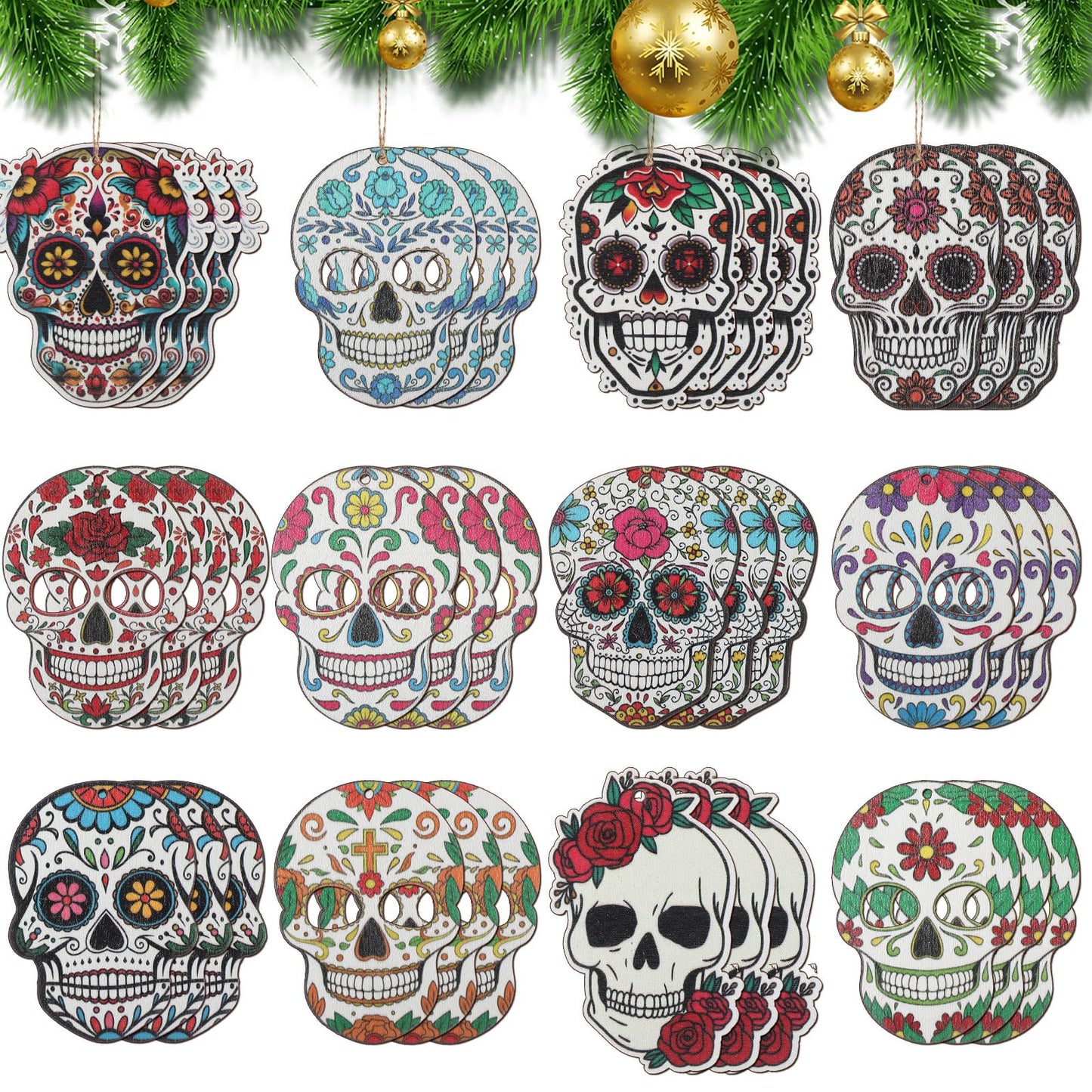 Vercraft 36 Pcs Sugar Skulls Ornaments for Christmas Tree Hanging Decoration Novelty Wood Double-Sided Printing Mexican Christmas Tree Skeleton Head Decor for Holiday Party Favor