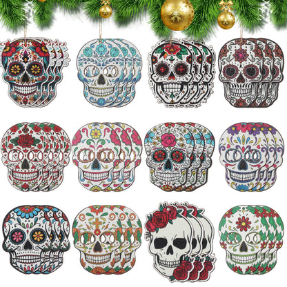Vercraft 36 Pcs Sugar Skulls Ornaments for Christmas Tree Hanging Decoration Novelty Wood Double-Sided Printing Mexican Christmas Tree Skeleton Head Decor for Holiday Party Favor