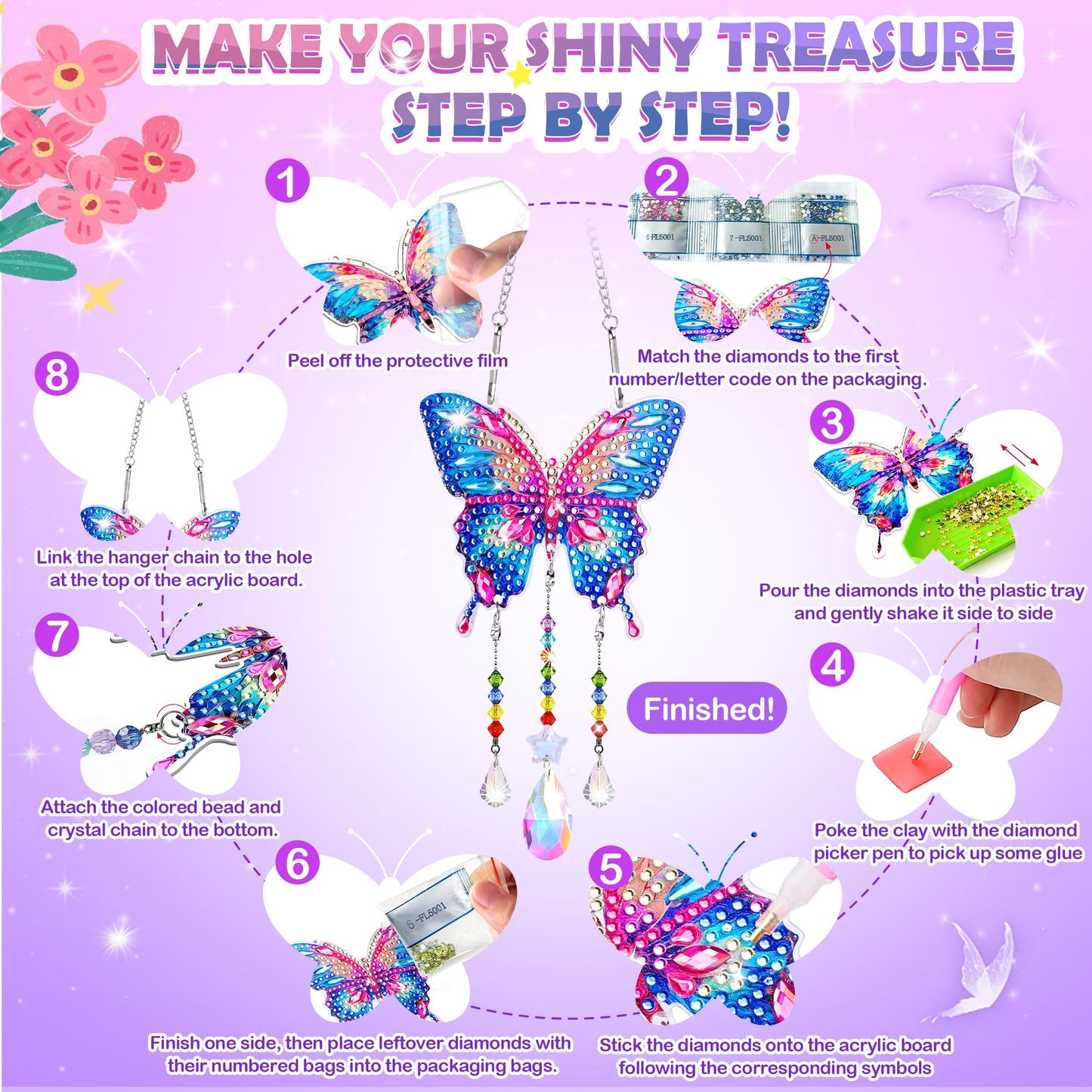 Crafts for Girls 8-12, Diamond Art Kits for Girls Ages 10-12, 3 PCS Diamond Art, DIY Suncatchers & Wind Chime Kits for Kids, Great Arts & Crafts Birthday Gift, Pretty Home/Garden/Backpack décor