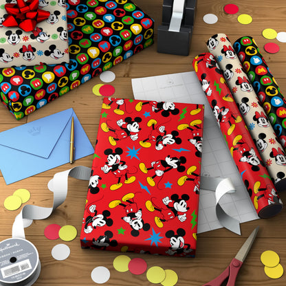 Hallmark Disney Mickey Mouse Wrapping Paper Mini Rolls, 3-Pack (Mickey, Minnie, Mouse Ears, Red and Black) for Birthdays, Graduations, Celebrations, Any Occasion - 45 Sq. Ft. Total