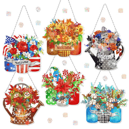 Chitidr 6 Pcs Seasonal Diamond Art Kits Diamond Art Flower Hanging Signs Diamond Art Kits for Adults Diamond Art Ornaments Winter Christmas Diamond Kits for Summer Fall Wall Door Decoration