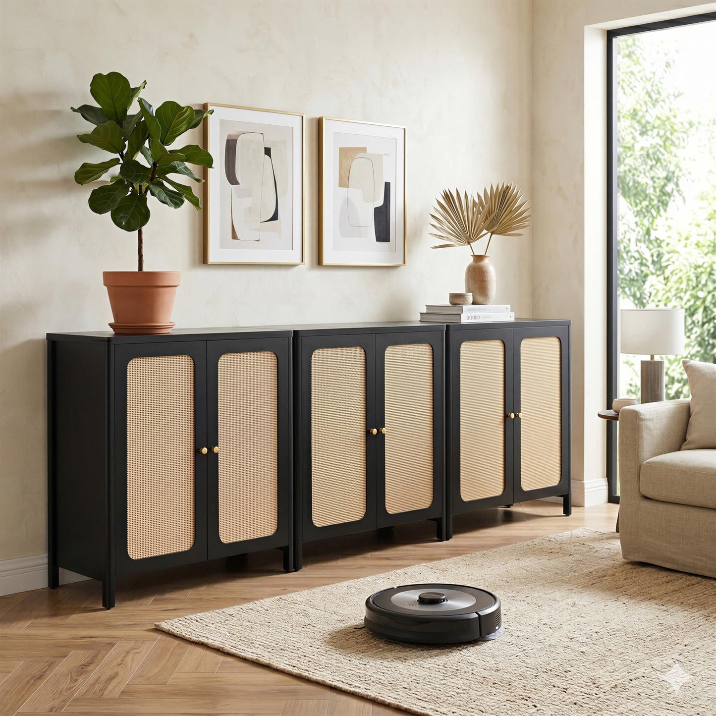 KISLOT 94.5" Rattan Buffet Cabinet with Storage, Sideboard with Adjustable Shelf, Accent Kitchen Floor Storage Cabinet with 2 Doors, Coffee Bar for Living Room, Entryway,Black(1 Box)