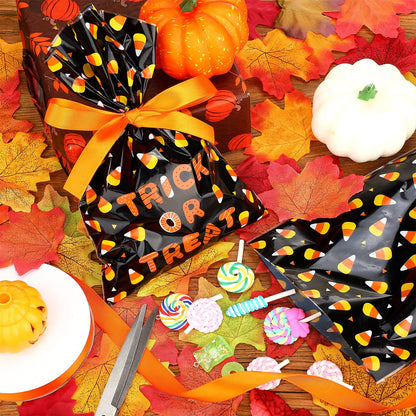 Tenare 100 Pcs Halloween Cellophane Treat Bags Plastic Goodie Candy Bags Corn Wrapped Gift Loot Bags with 22 Yards Ribbon for Treating Class Parties Favor Crafts, 6 x 9 Inch