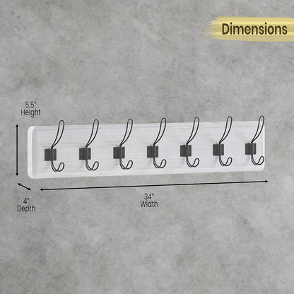 HBCY Creations Whitewash Solid Wood Wall Mounted Coat Rack with Shelf, 7 Hooks, 34" Long for Kitchen, Mudroom, Entryway