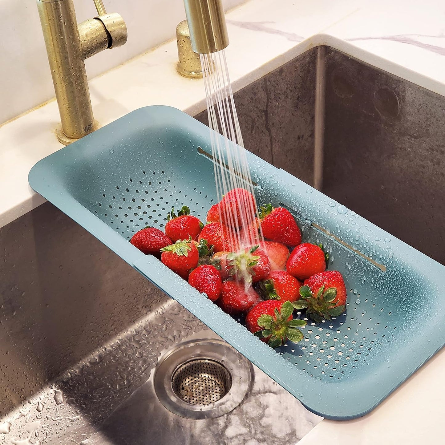Makerstep Over the Sink Colander Strainer Basket, Expandable Wash, Drain, and Dry, Multifunctional Kitchen Gadget