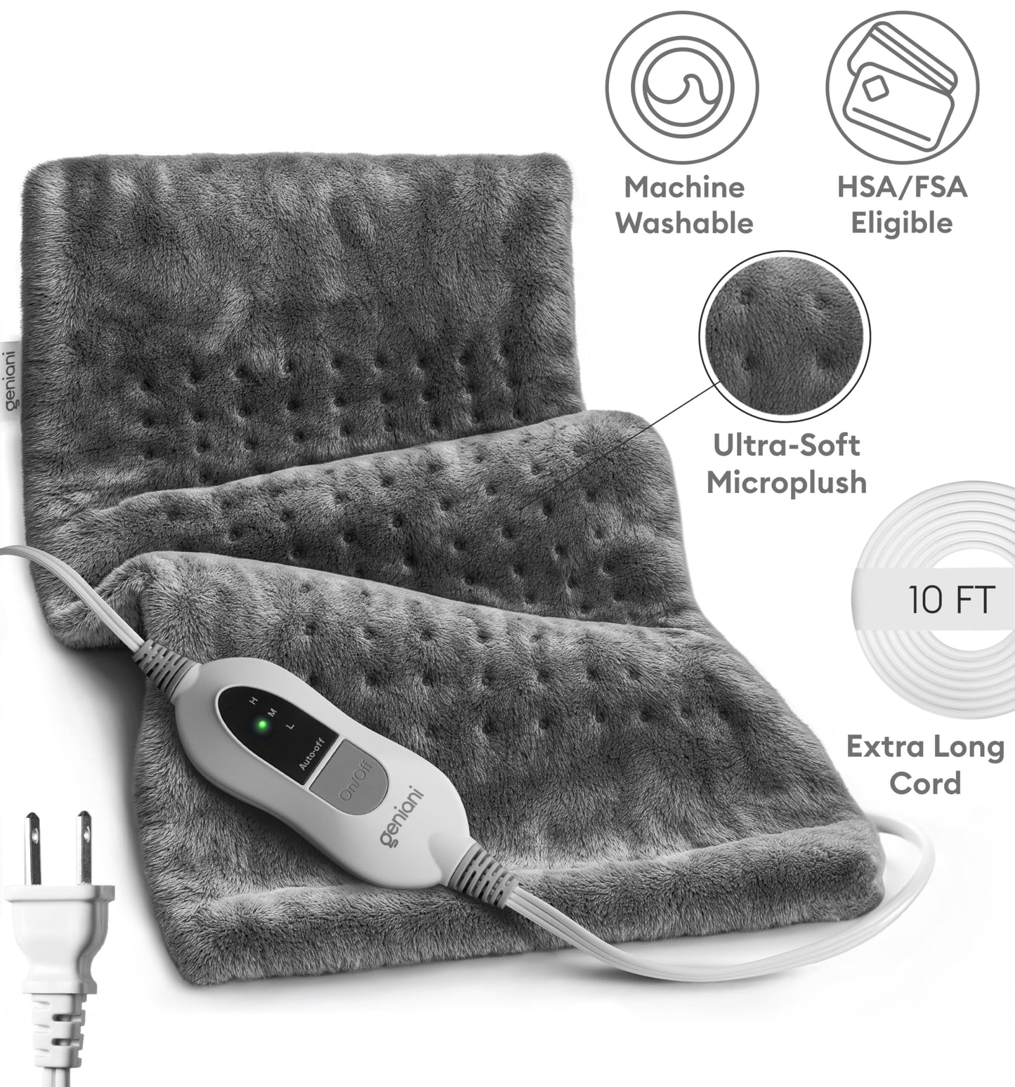 GENIANI Electric Throw - XL Electric Heating Pad for Back Pain & Cramps Relief, Birthday for Women Men Auto Shut Off, Machine Washable, Heat Pad for Neck & Shoulder, 12×24", Tabby Gray