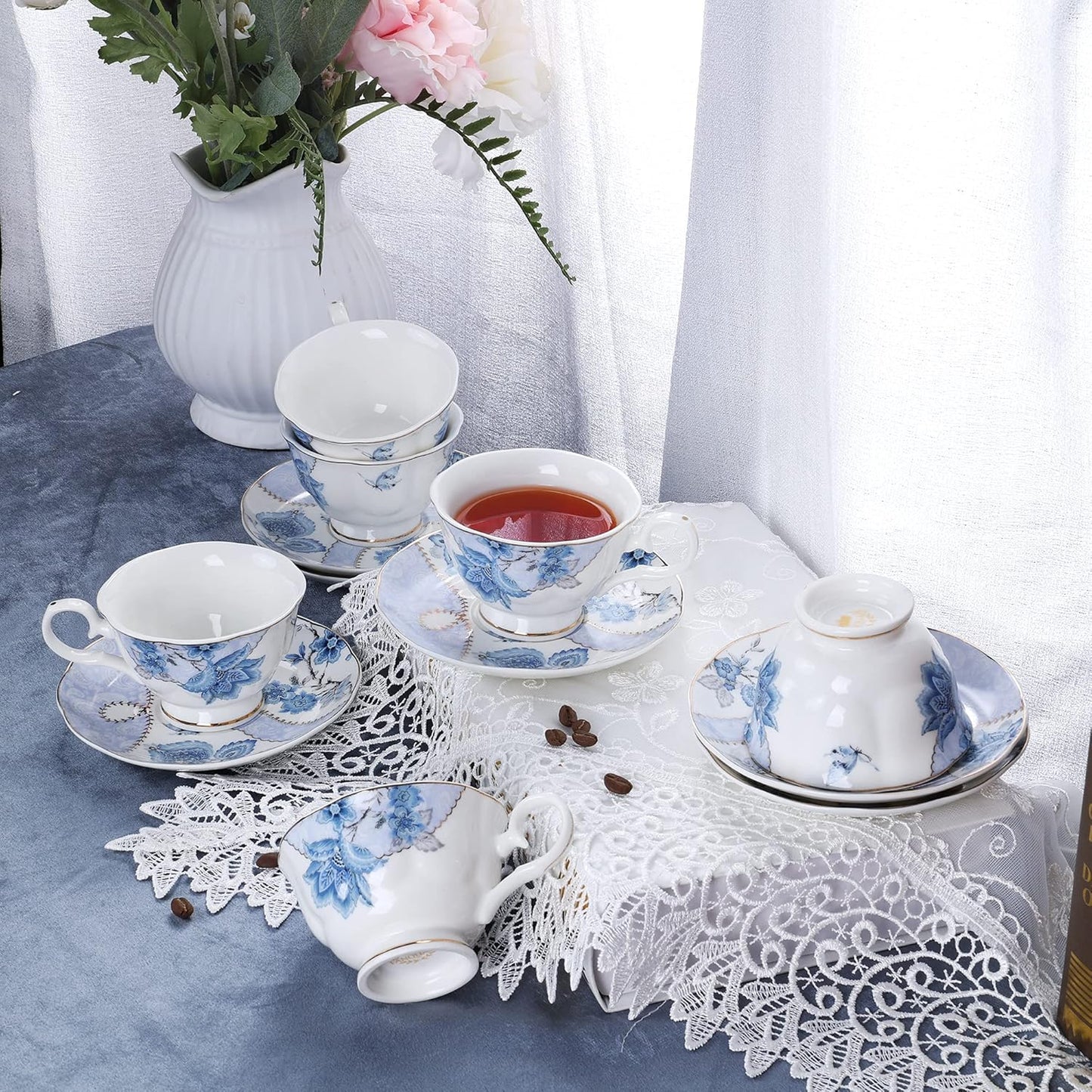 Set 6(5 oz), fanquare Floral Coffee Cups of Porcelain Cappuccino Cups with Saucers, Tea Cup for Birthday Wedding Party