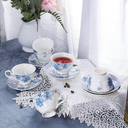 Set 6(5 oz), fanquare Floral Coffee Cups of Porcelain Cappuccino Cups with Saucers, Tea Cup for Birthday Wedding Party