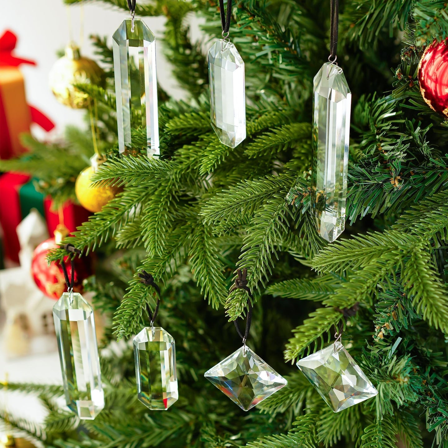 HDCRYSTALGIFTS Set 7 Clear Crystal Prisms Suncatchers Hanging Glass Ornament for Christmas Tree,Rainbow Maker Sun Catchers for Windows Home Garden Decoration,Modern Grief Gift
