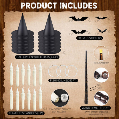 Fayoo Floating Candles with Wand, 12PCs Magic Hanging Candles, Floating Light Up Witch Hats with Flameless Candle with Wand Remote, Witch Hat 3D Bats Wall Stickers Decorations for Halloween Party