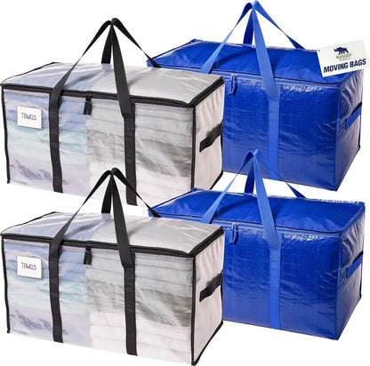RUGGED RHINO Heavy Duty Extra Large Moving Bags - Durable Zipper & Strong Handles | Space-Saving Storage, Blue/Clear
