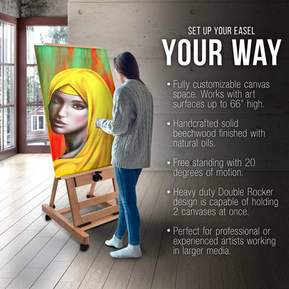 U.S. Art Supply Double Rocker Crank Heavy Duty Extra Large Wooden Studio Floor Standing Easel - Double Mast Adjustable H-Frame Art Easel for Painting, Canvas Holder, Display Stand with Locking Wheels