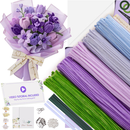 EARLY MINDS 500 Pcs Pipe Cleaners Craft Kit for Flower Making, DIY Bouquet Set with 8mm Chenille Stems, Step-by-Step Tutorial, Floral Wire, Ribbon & Tools for Handmade Gifts and Decor, Purple