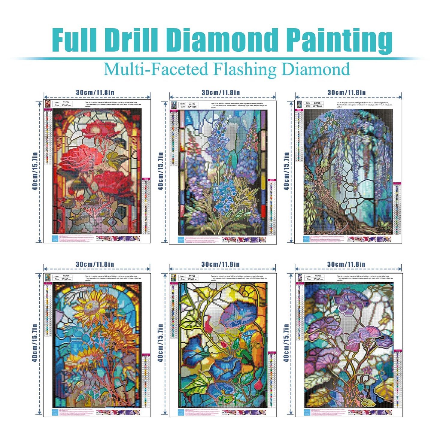 HITO 6 Pack Diamond Painting Kits for Adults-Flower Diamond Art Kits for Adults, Stained Glass Flowers Diamond Painting for Home Wall Decoration (Flowers, 12x16inch)