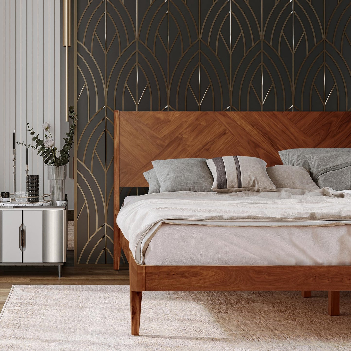 RORNS Gazelle Bed Frame with Headboard Solid Wood Platform Bed, Queen Bed Frames, Optical Illusion Tall Headboard Wood Bed Compatible with All Mattress Types, No Box Spring Needed, Walnut