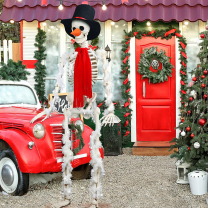 Geyoga 9 Pcs 12 ft Skeleton Christmas Snowman Costume Kit Includes Santa Top Hat, Red Scarf, Carrot Nose 6 Pcs Christmas White Garlands for Skeleton Clothes Accessories Set Winter Party Garden Decor
