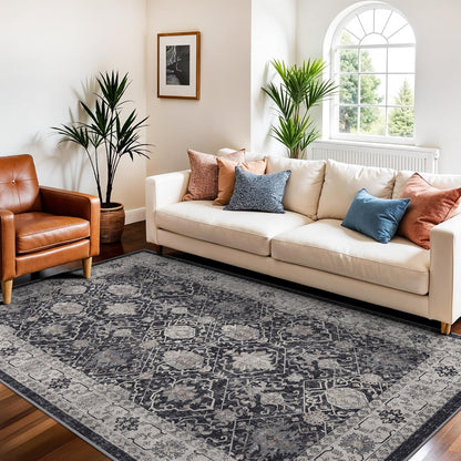 Skiennix 4x6 Living Room Area Rug - Washable Non-Slip Boho Design | Low Pile Neutral Carpet for Kids Room, Office, Kitchen