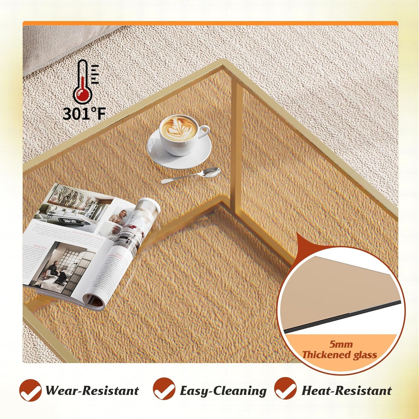26.4 26.4in, WLIVE Coffee Table, Glass Coffee Table for Living Room, Modern Small Coffee Table with Tempered Glass