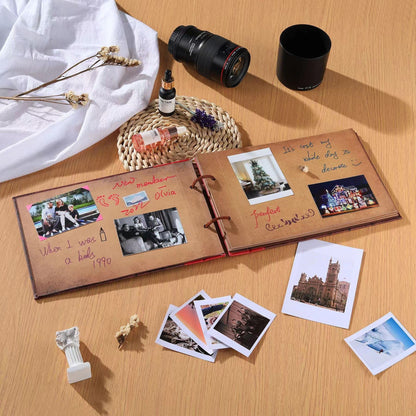 Scrapbook Photo Album,Our Adventure Scrap Book, Embossed Words Hard Cover Movie Up Travel Book for Anniversary, Wedding, Travelling, Baby Shower, etc (Leather Adventure Book)