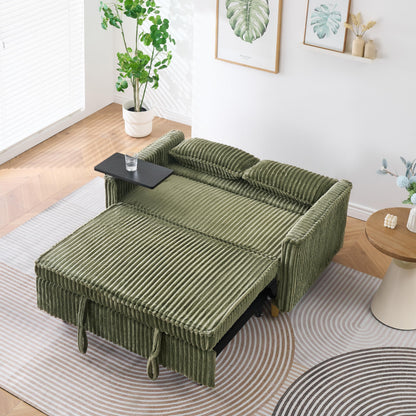 KEIKI 54" 3-in-1 Convertible Sofa Bed – Corduroy Futon Sleeper with Pull-Out Bed, Movable Tabletop, USB Ports – Small Loveseat for Living Room, Bedroom – Green