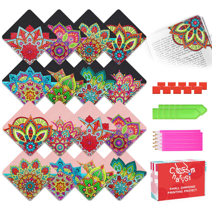 16 PC Diamond Art Corner Bookmarks Leather Bookmark Kit for Adults Paint by Dots Bead Book Mark DIY Gem Dot Rhinestones for Bedazzling Craft Kit for Women Ladies Night Party Mandala Bulk Kit Flower