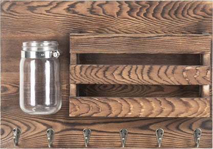 MyGift Wall-Mounted Burnt Wood Mail Holder Organizer with 6 Key Hooks & Mason Jar