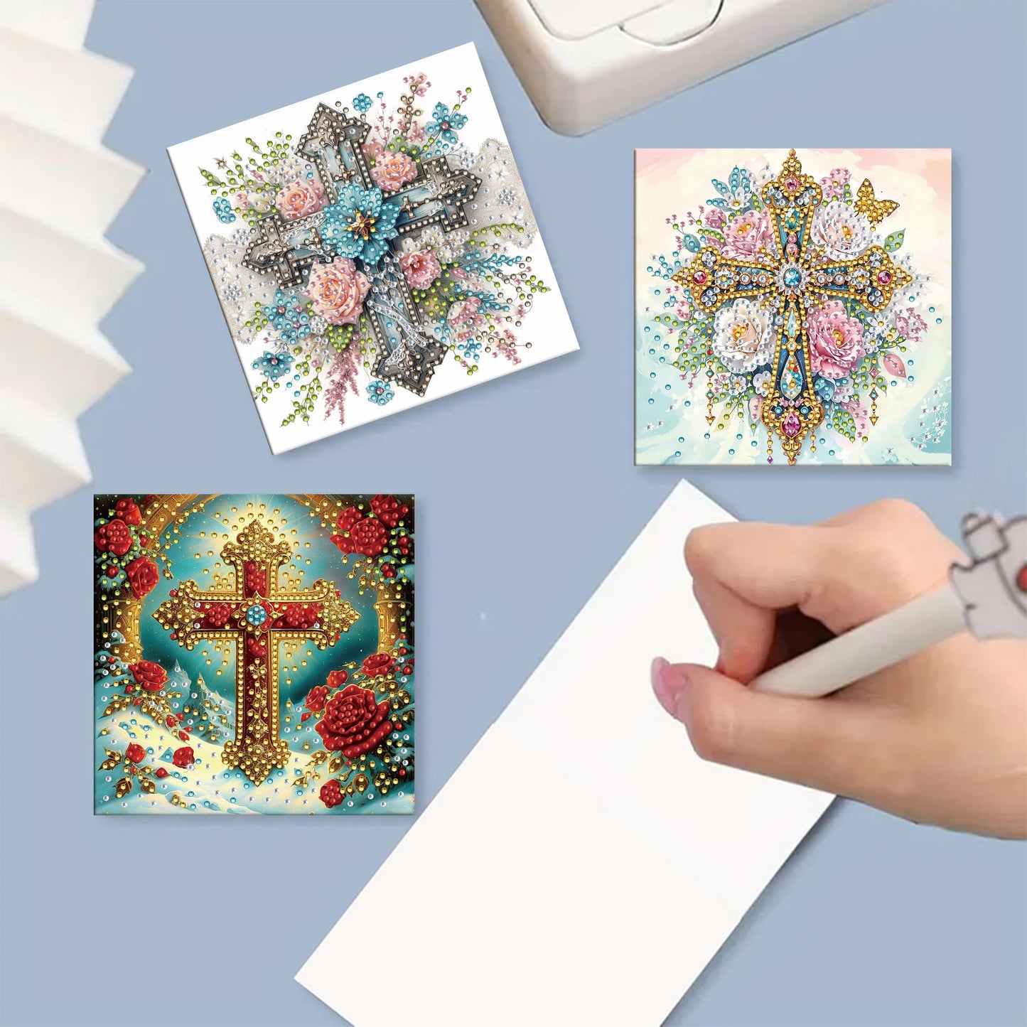 MaiYiYi 6 Pack DIY Cross Diamond Painting Greeting Cards Kit, Cross Flower Diamond Art Greeting Cards, Rose Diamond Art Cards with Envelopes for Family Friends Holiday Birthday