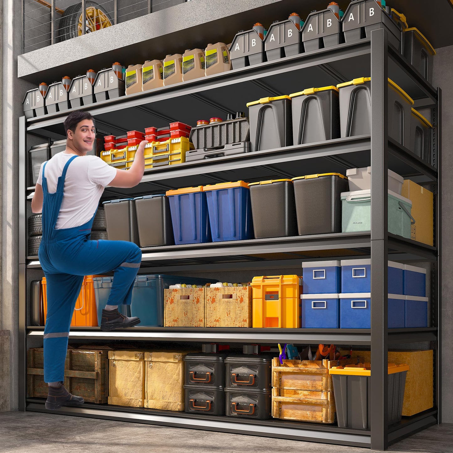 REIBII Garage Shelving 48.2" W Storage Shelves 3000LBS Heavy Duty Shelving Adjustable Metal Shelf Industrial 5 Tier Pantry Shelves for Basement Warehouse Supermarket 72.2"H x 24.2"D x 48.2"W, 2 Pack
