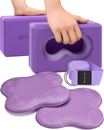 Deep-Zen® Yoga Blocks Wrist Support; Yoga Blocks 2 Pack with Knee Pads and Strap to Put Less Weight on Wrists; Durable, Versatile Yoga Brick Exercise Block Set, Blocks Yoga