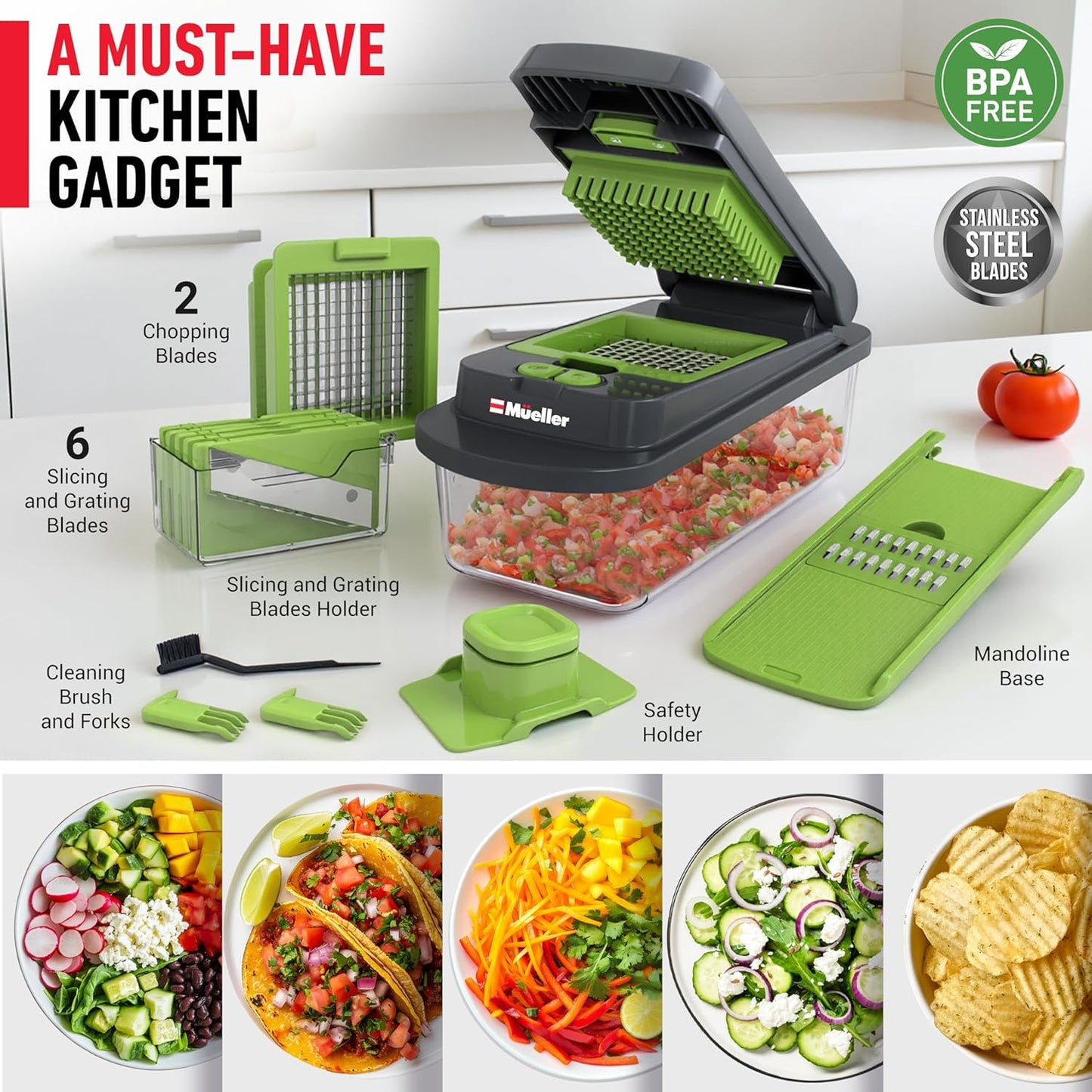 Mueller Pro-Series 10-in-1 Vegetable Chopper - 8 Blades for Easy Dicing, Slicing & Mincing | Gray/Green